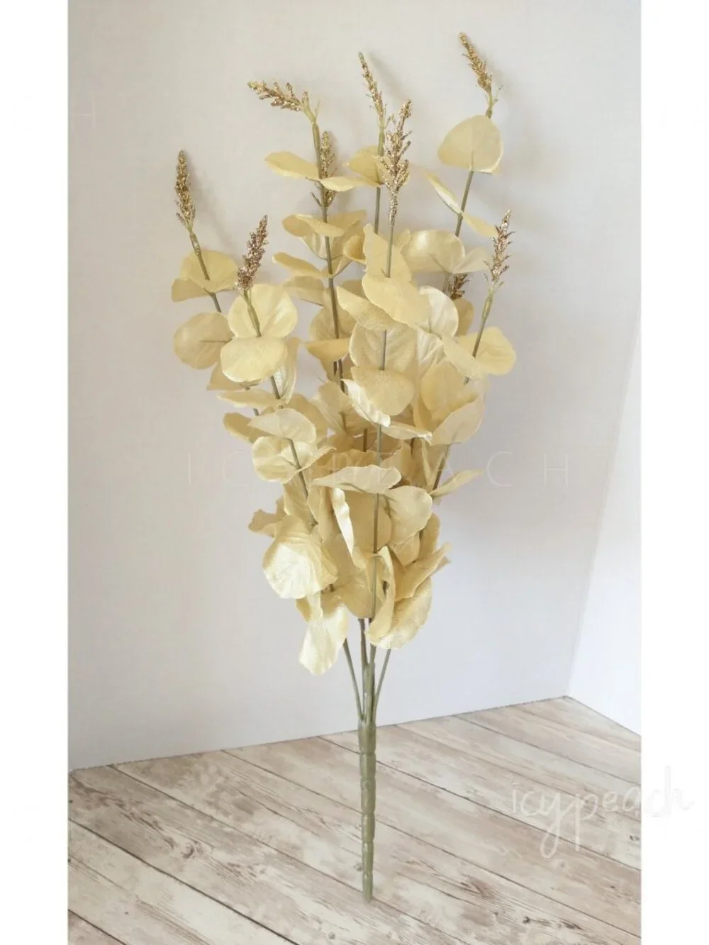 Shimmering Eucalyptus Bush New Faux Metallic Floral Gold Glitter Holiday Decor